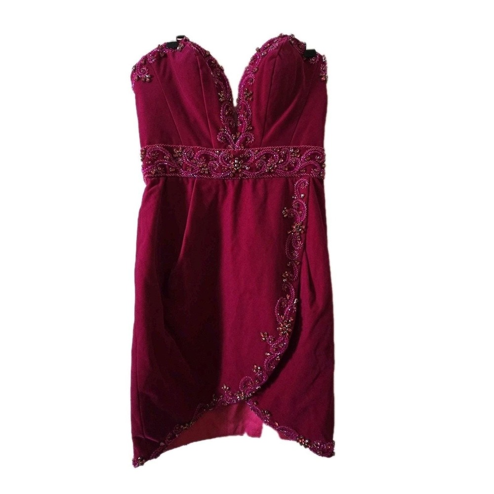 Mac Duggal Mini Dress Women 4 Magenta Pink Beaded V-Neck Strapless Cocktail 66